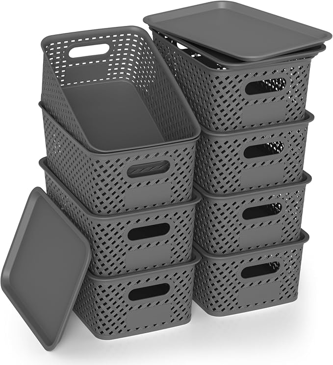 Plastic Storage Bins with Lids, Stackable Small Box Basket for Organizing and Containers for Shelves Drawers Desktop Closet Playroom Pantry Classroom Office Home, 8-pack 10.2x7.2x4.1 Inch, Gray by ZFTMRR