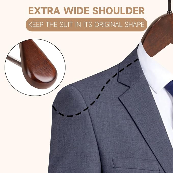 Wooden Suit Hangers with Non Slip Pants Bar, Walnut, 2-Pack, 17.5" | Wood Extra-Wide Shoulder Hangers with Flat-Head Hook for Suits, Coats, Jackets, Shirts, Pants, Heavy Clothes - Image 5