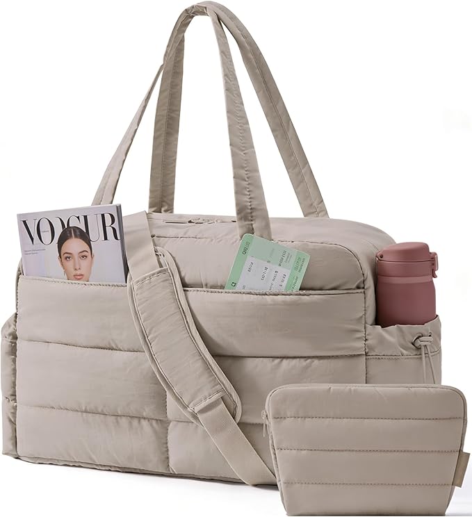 BAGSMART Gym Bag for Women, Lightweight Puffer Duffle Bag 2-PC Travel Bag, 31L Weekender Overnight Bag Quilted Carry On Tote Bag, Diaper Hospital Dance Bag for Travel, Gym, Water Resistant, Camel by BAGSMART