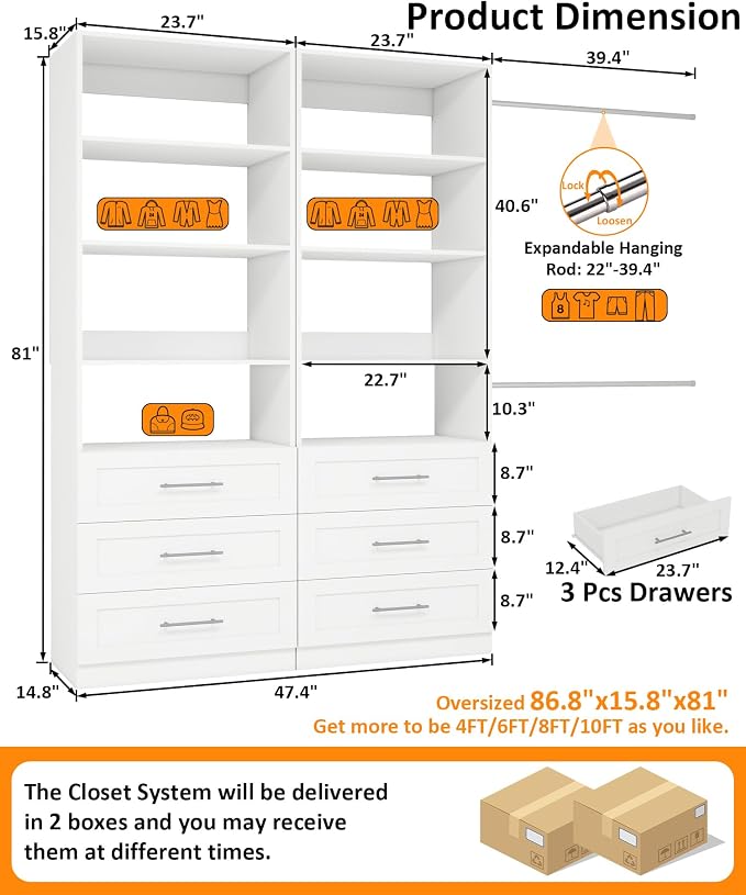 Closet System with 6 Drawers & 8 Shelves, Wood Closet Organizer System with 2 Extra Hanging Rod for Walk in Closet, Modular Closet Organizer System White(4FT) - Image 2