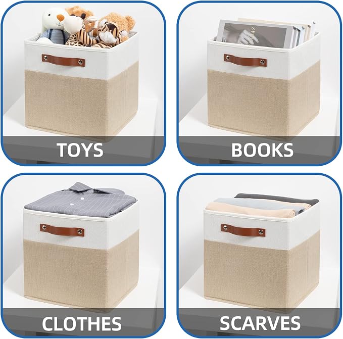 Temary Fabric Storage Cubes - 12 Inch Collapsible Bins (4Pack) - Empty Gift Baskets for Organizing Shelves, Closets, Nursery (White & Khaki) - Image 4