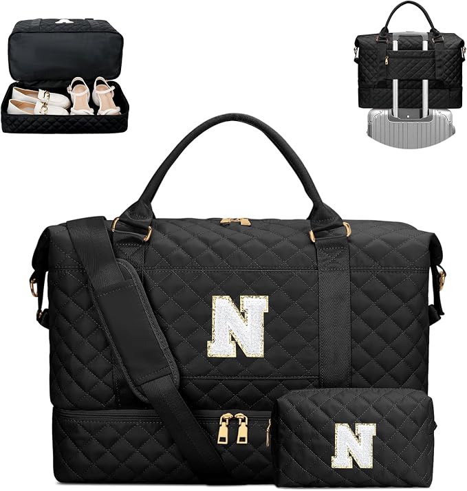 Women Gifts Travel Duffle Bag Initial Overnight Bags(Black,N) | Travel Gifts for Women-Overnight Bags with Toiletry Bag-Weekender Bags with Shoe Compartment for Travel by Unknown