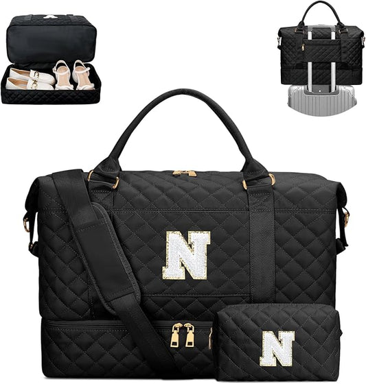 Women Gifts Travel Duffle Bag Initial Overnight Bags(Black,N) | Travel Gifts for Women-Overnight Bags with Toiletry Bag-Weekender Bags with Shoe Compartment for Travel by Unknown