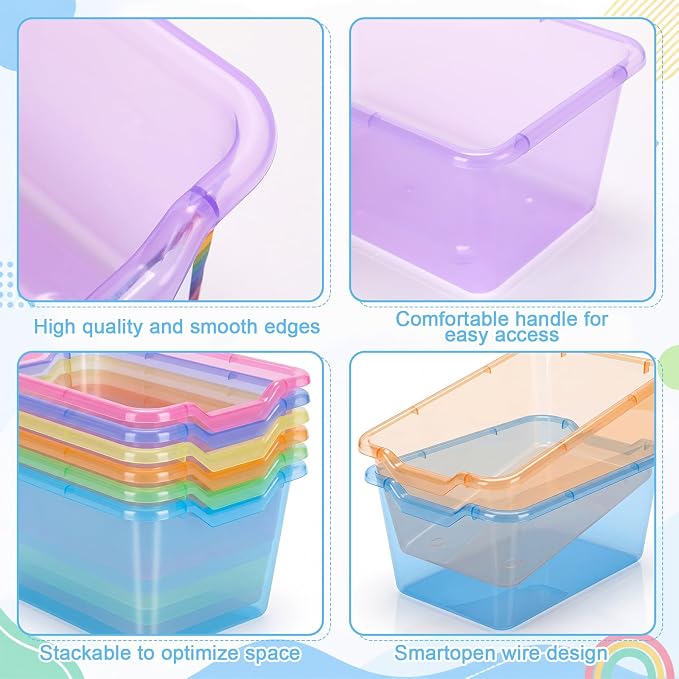 Funrous 12 Pack Plastic Cubby Bins for Classroom, Stackable Storage Bins with Rainbow Labels and Handles Cubby Organizer Containers for Teacher Supplies Home Office Daycare and Playroom (Bright) - Image 3