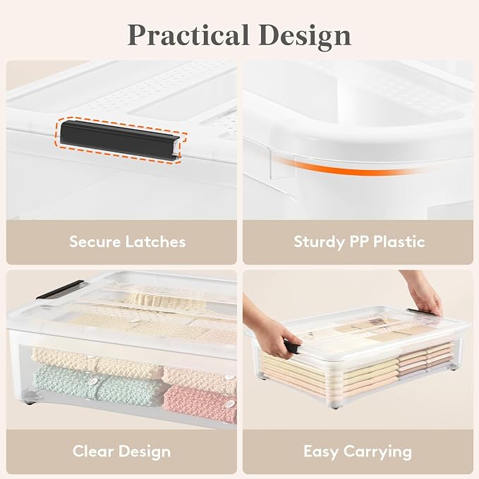 Lifewit 44Qt Storage Bins with Lids, Plastic Large Latches Boxes with Wheels, Clear Totes Tubs Container for Closet Organizers and Storage, Bedroom, Clothes, Craft, 4 Pcs - Image 8