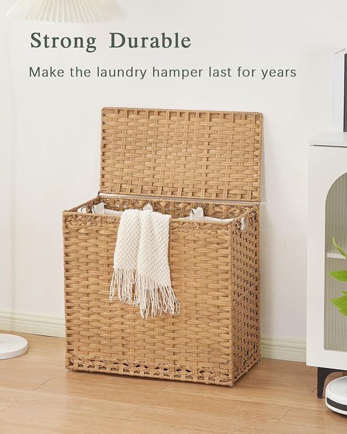 SETVSON Laundry Hamper with Lid Laundry Basket 132 L PE Rattan Natural | Decorative PE Rattan Furniture Look for Bedroom, Large Sorting Hamper with Lid, 4 Liners, 6 Mesh Bags, Steel Frame - Image 7