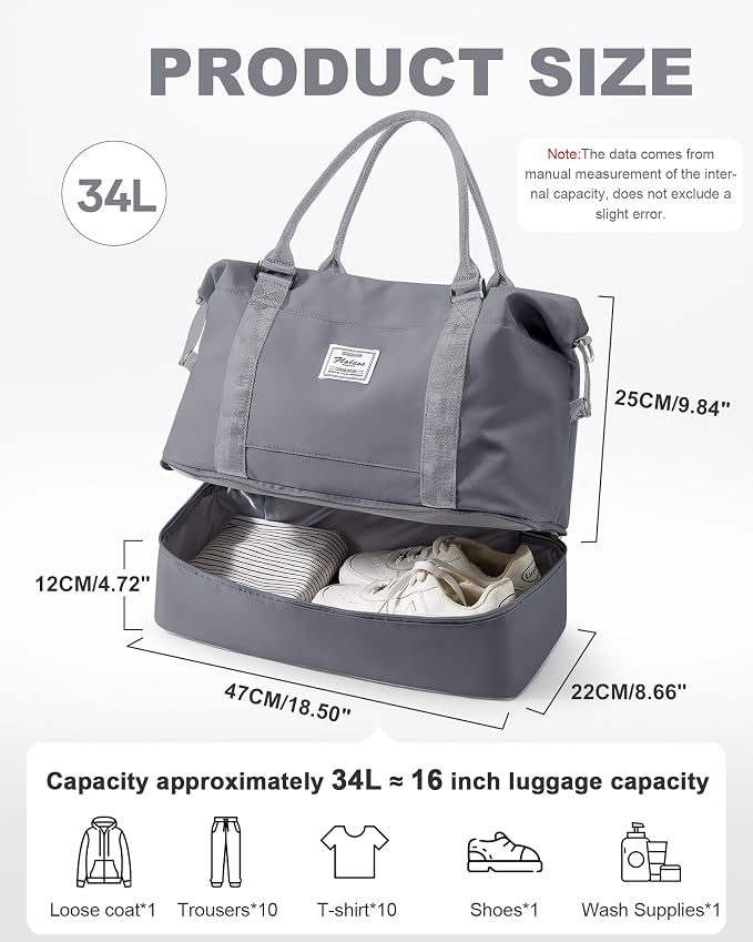 Travel Duffel Weekender Bag Women Tote Carry On Bags With Shoe Compartment | 18x14x8 inches Travel Overnight Bags with Trolley Sleeve for Airplanes Sport Tote Gym for Men Lightweight Daypack Grey - Image 4