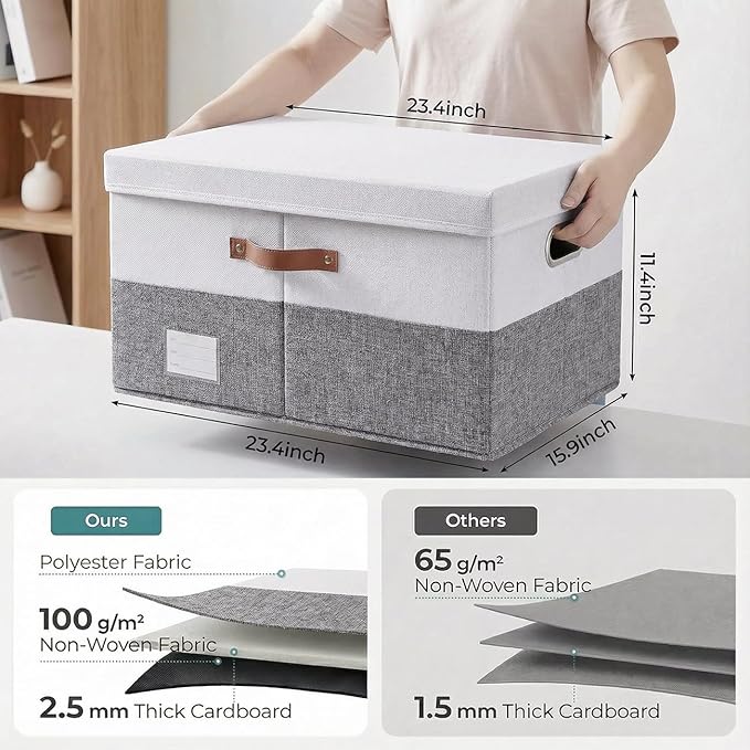 Storage Bins with Lids [3-Pack] Linen Fabric Foldable Storage Boxes Organizer Containers Baskets Cube with Cover for Bedroom Closet Office Grey&White (23.4X15.9X11.4) - Image 3