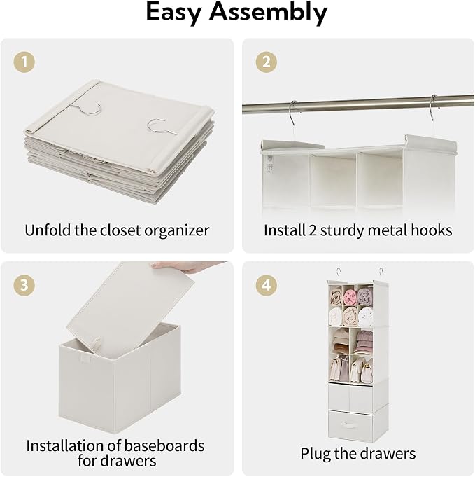 GRANNY SAYS Hanging Closet Organizer, 3 Drawers, 6 Shelves, Beige | Hanging Closet Organizer with 3 Different Drawer Designs, 6 Shelves & Reinforced Structure for Organized Small Spaces - Image 8