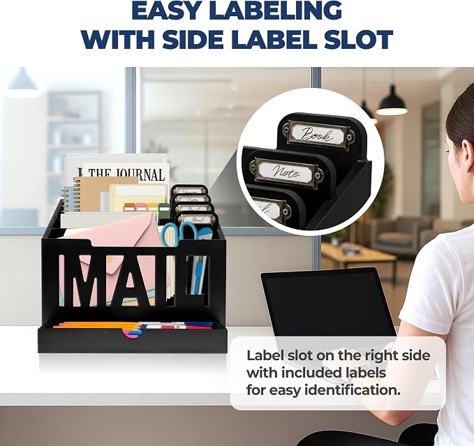Mail Organizer Countertop, Desktop Mail Sorter with Drawer & Label Tags, BK | Bills, Letters, Envelopes & Receipts - Image 6