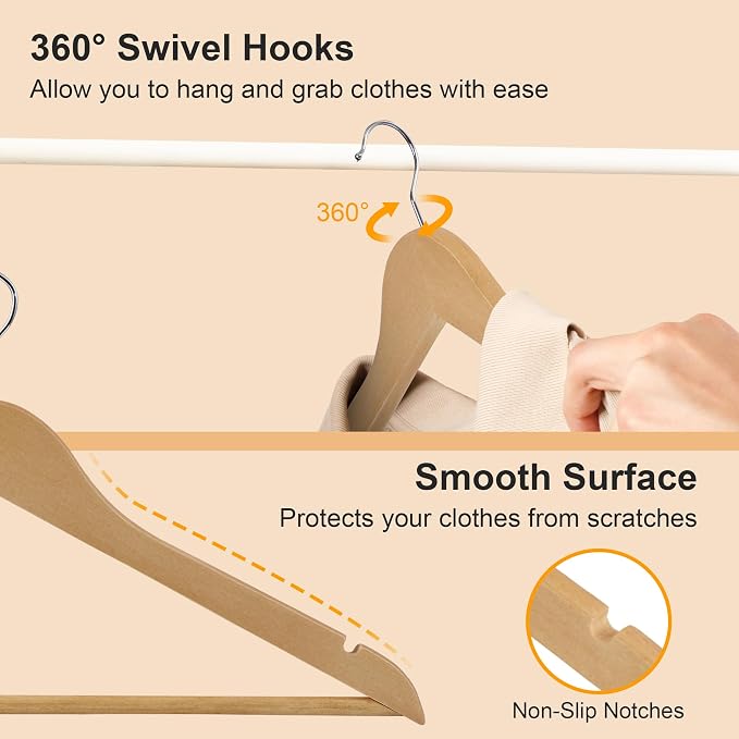 JupiterForce Wooden Clothes Hangers 50 Pack, Non-Slip Wood Hangers with 360° Swivel Hook & Shoulder Grooves, Coat Hanger for Suits, Coats, Shirts, Pants, Jackets and Dress(Natural) - Image 5