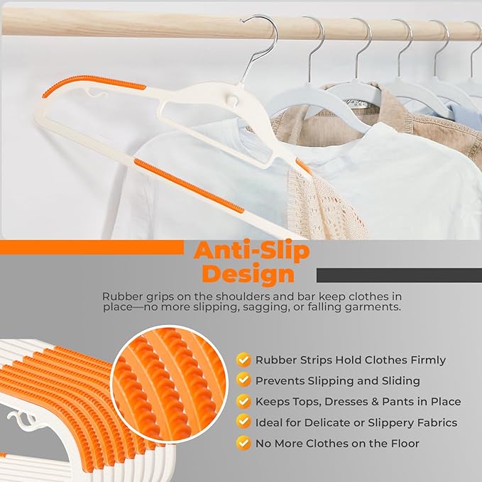Lightweight White Plastic Hangers 20 Pack with Cascading Hook, Space Saving Thin, Closet Organizer, Orange Anti-Slip Pads, 360° Swivel, Tie Holder - Image 5