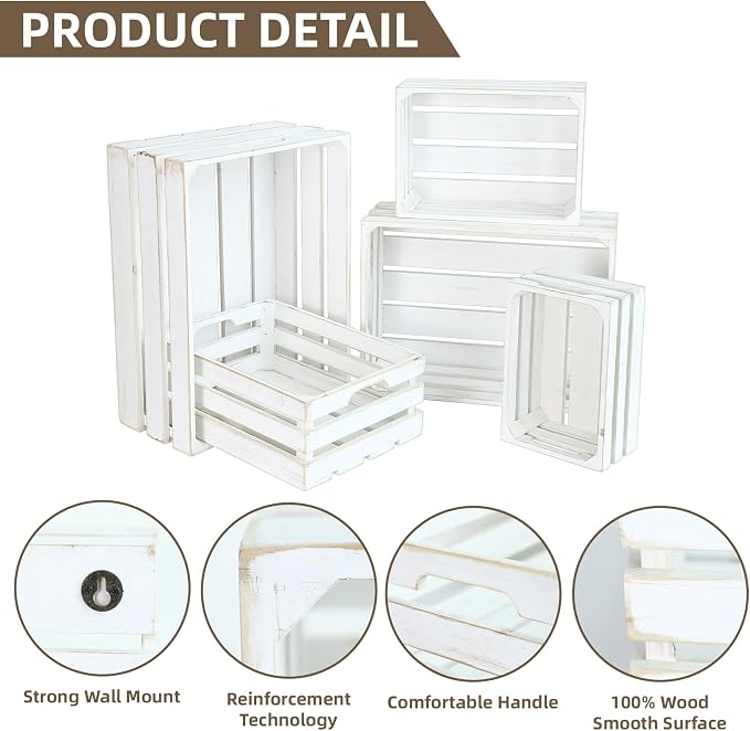 Large Wooden Crates, Set of 5 Wood Crates with Handles, Rustic Whitewashed Farmhouse Wooden Crate for Display, Wedding Birthday Home Party Living Room Kitchen Decoration - Image 3
