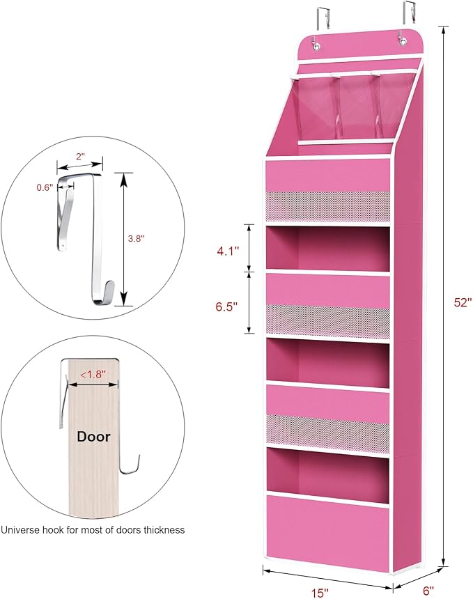 Univivi Fabric Over Door Hanging Organizer for Baby Nursery, Pink, 5-Shelf | Door Storage with Large Capacity Breathable Mesh Pockets, Over Door Storage Organizer for Baby Essential, Bedroom, and Dorm - Image 3