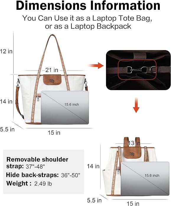 Large Laptop Tote Bag for Women Designer Leather Laptop Bag, 15.6in | Fashion Travel Backpack Purse Shoulder Handbag Fits 15.6 Laptop, Daily, Work, Business Trip, Weekend Travel, Teacher - Image 4