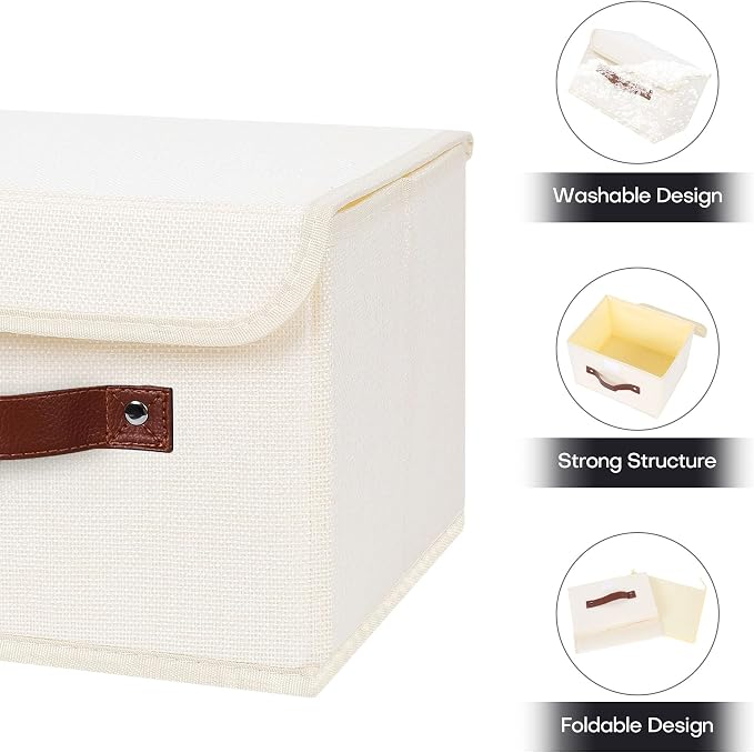 ANMINY Fabric Storage Box Bins with Lids, Beige, 10"x8"x7", 2 Pack | Keepsake Memory Storage, Cotton Linen, PP Board Reinforced, Washable, PU Handles, Foldable & Stackable, Decorative, Small - Image 4