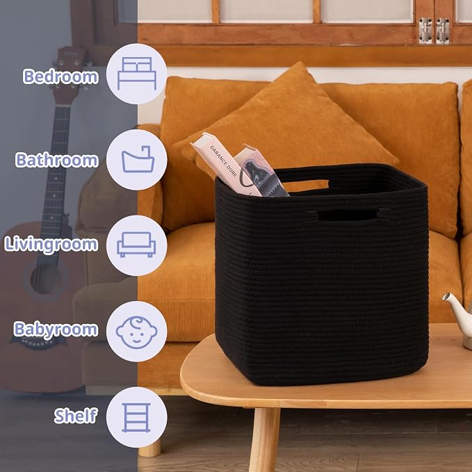 OIAHOMY 2 PACK Cube Storage Bin 13 Inch Collapsible Storage Cube Black | Cube Storage Organizer Storage Bins for Shelves Baskets for Organizing Woven Rope Storage Baskets - Image 4