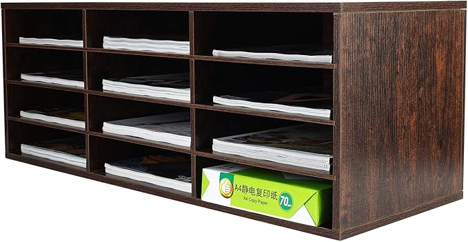 Mail Sorter, Wood Countertop Literature Organizer, Student Mailbox for Classroom, Desktop Bill Paper Organizer for Office Home School, 12 Compartments, Brown by PAG