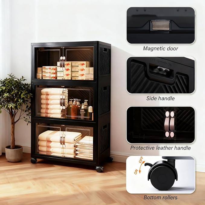 Collapsible Storage Bins with Lids&Wheels-192QT(48Gal) | Stackable Plastic Containers with Doors,Heavy-Duty Foldable Organizer Bins for Home,Office,Books,Black,3-Pack - Image 4