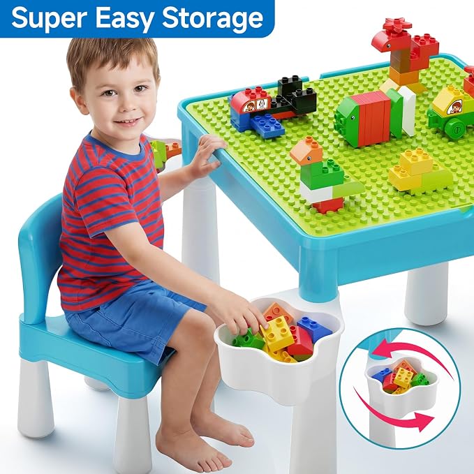 burgkidz Toddler Building Table Set: 1 Chair 128 Blocks Storage Box Blue | Leakproof top for sand/water. Sturdy ABS, smooth edges. 1 chair & 128 bricks. Ideal 3+ yrs indoor/outdoor. Great gift - Image 5