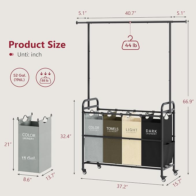Laundry Sorter Cart with Hanging Clothes Rack, 4 Section, 4 Colors | Laundry Hamper Cart with Removable Bags, Laundry Sorter with Wheels, 4 Bag Laundry Basket Organizer for Laundry Room, Family - Image 6