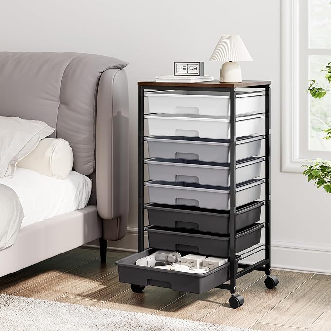Rolling Storage Cart with 8 Drawers, Utility Cart on Wheels with Wooden Tabletop, Utility Cart for Teacher Storage, Office Organizer, Classroom Storage Cart, Craft Storage, Grey | Utility Cart on Wheels with Wooden Tabletop,Teacher Organization for Cla... - Image 7