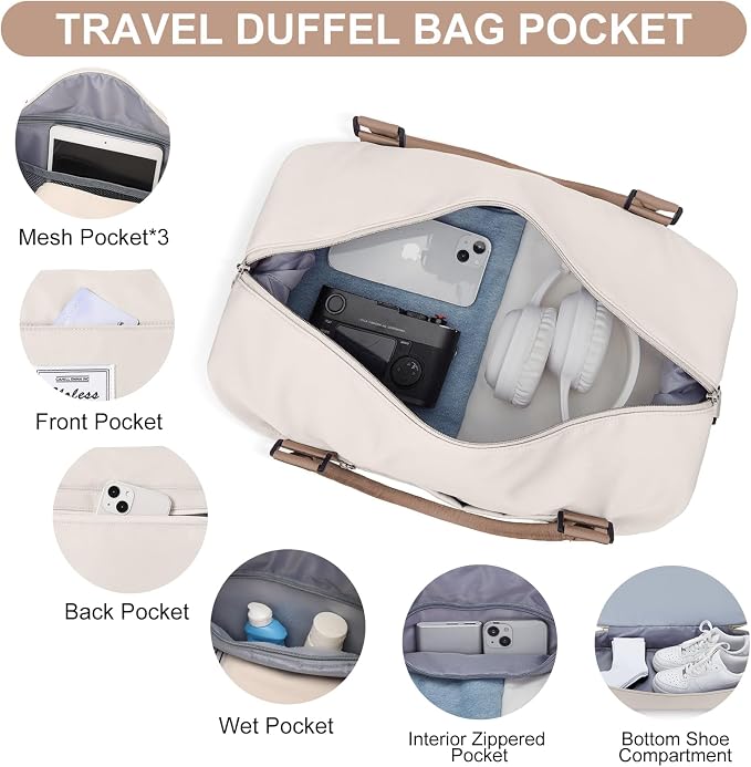 Weekender Bags for Women, Carry-On Overnight Travel Duffel Bag | Travel Bag with Shoes Compartment & Toiletry Bag, Extra Large, 3 Pcs Set - Image 3