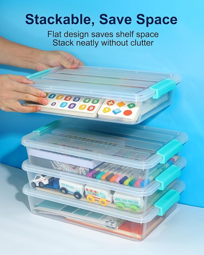 EOENVIVS 6 Pack Craft Storage Bins with Lids, Clear File Boxes, Green Clips | Craft storage bins sensory bins A4 paper US Letter paper classroom art supplies project organization - Image 3