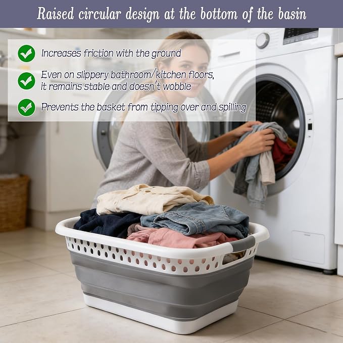 2 Pcs Collapsible Laundry Baskets, 11 Gallon 42L Collapsible Laundry Clothes Hamper, Foldable Laundry Hamper with Non-Slip Handles, Portable Space Saving Pop-Up Laundry Hamper Container (Grey-White) - Image 5