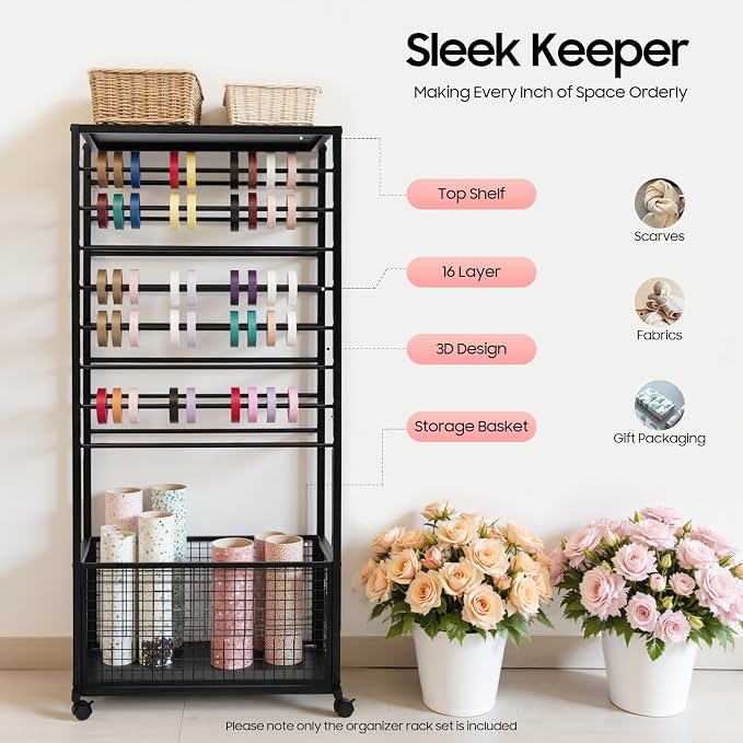 Ribbon Holder Organizer Rack, Double-Sided 16-Layer Ribbon Shelf with Wheel | Ribbon Display Rack, Multifunctional Metal Flower Wrapping Paper Storage Stand for Craft Room Flower Shop, Black - Image 3