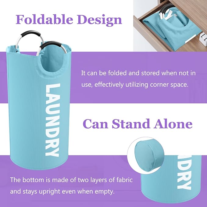 95L Foldable Blue Laundry Basket with Handles, Big Clothes Hamper for Bedroom, Dirty Clothes Basket Stand Upright, Portable Laundry Bag for Dorm, Nursery, Family, Blue - Image 5