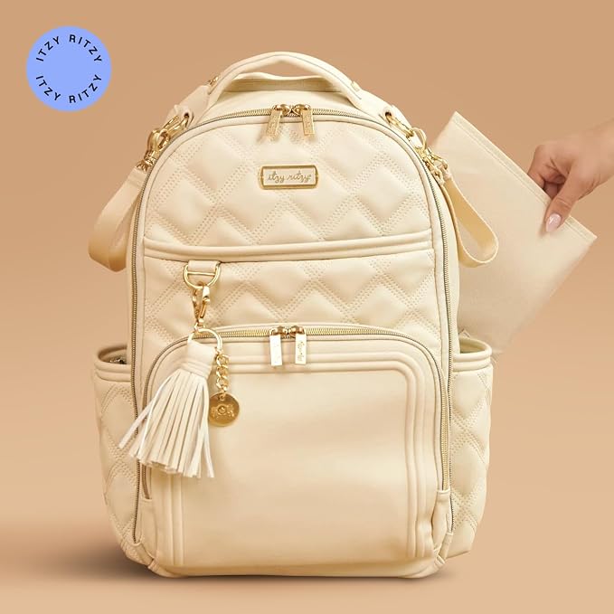 Itzy Ritzy Boss Plus Diaper Bag Backpack with 19 Pockets (Milk & Honey) | Large Diaper Bag Backpack Includes 2 Insulated Bottle Pockets, Changing Pad, Stroller Clips, Padded Straps, Travel-Ready - Image 7