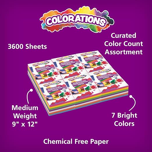 Colorations Construction Paper for Kids - 7 Colors - 3600 Bulk Sheets of 9X12 - Assorted Pack of Heavy-Duty Craft Paper | 3600 Sheets Bright Colored Paper, Bulk Pack Art Paper, Arts & Crafts, School Supplies, Drawing, Coloring, 3D Art - Image 2