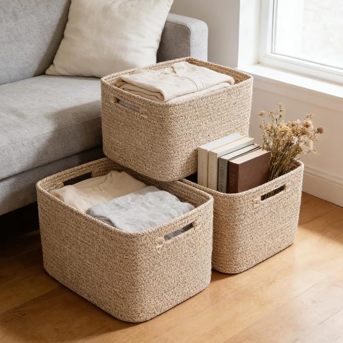 3 Pack Woven Baskets,Storage Baskets for Shelves with Handles | 13.5"×11"×9.5", Closet Baskets, Nursery Organizer for Toys Towels Books, Storage Bin for Living Room Bedroom (Mixed Brown) - Image 6