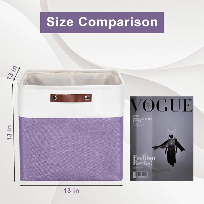 13x13 Cube Storage Bins, Collapsible Fabric Storage Box, 4 Pack Closet Baskets with Handles for Organizing, Shelf, Toys, Clothes, Home, Office, Nursery (Purple&White) - Image 3