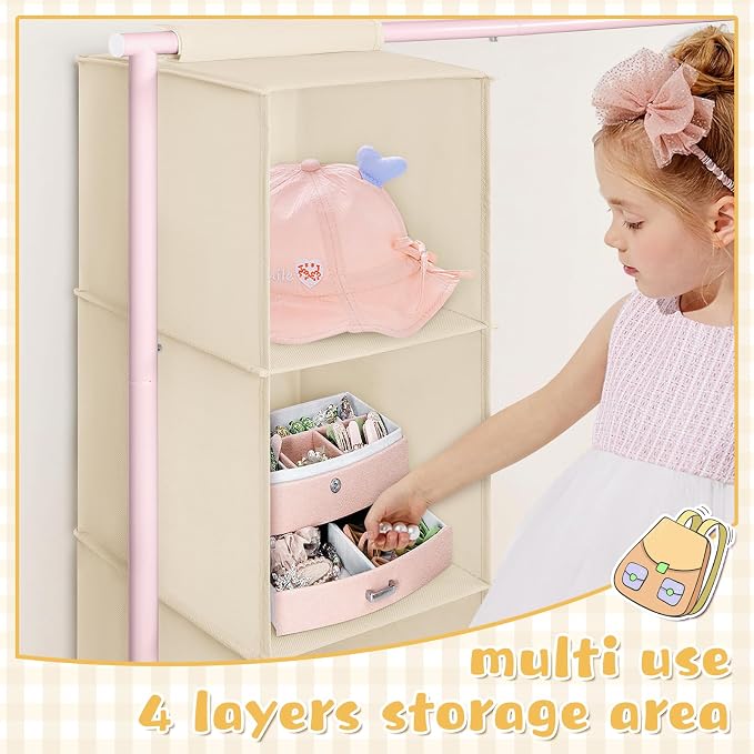 Univivi Kids Clothing Rack with Hanging Organizer, 43 Inch, Pink and Beige | Toddler Dress Up Storage with Bottom Shelf, Sturdy Metal Baby Closet, Toddler Wardrobe Rack for Nursery, Playroom, Bedroom - Image 4