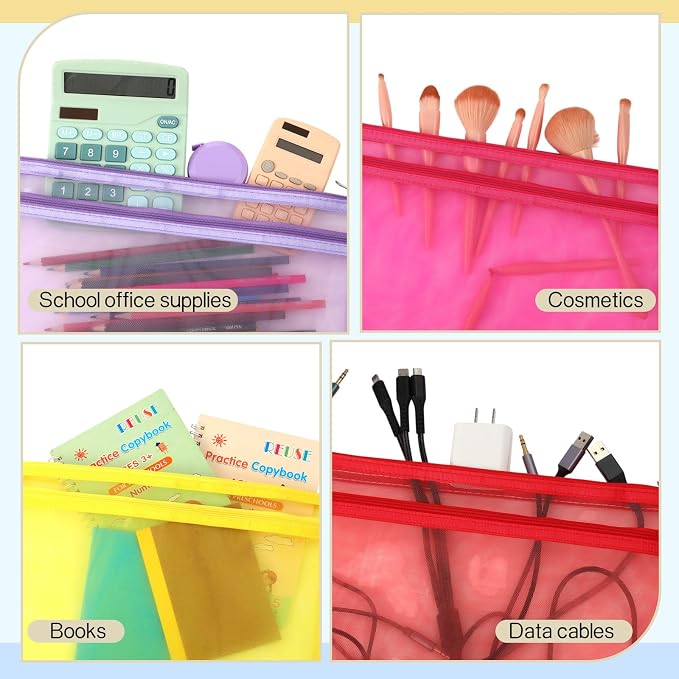 25 Pack Colored Mesh Zipper Pouch Bags Double Layer Nylon Puzzle Bags A4 Zipper Pouch with Handle for Toy Organizer Storage School Office (Purple, Blue, Watermelon Red, Yellow, Rose Red) - Image 5