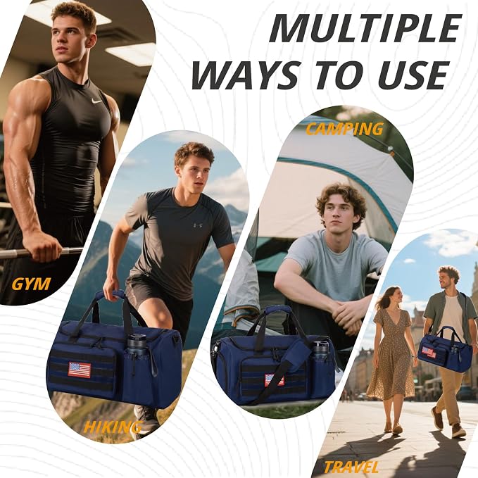 Tactical Gym Bag for Men, 60L Duffle Bag with Shoes Compartment for Travel | Water-Resistant Sports Weekender Bag with Adjustable Shoulder Strap Wet Pocket for Gym,Travel,Hiking,Camping Overnight Trips - Image 2
