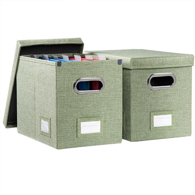 File Organizer Box - Set of 2 Collapsible Decorative Linen Filing Storage Hanging File Folders with Lids Office Cabinet Letter Size Green (14x9.3x10.8 inch) by Prandom