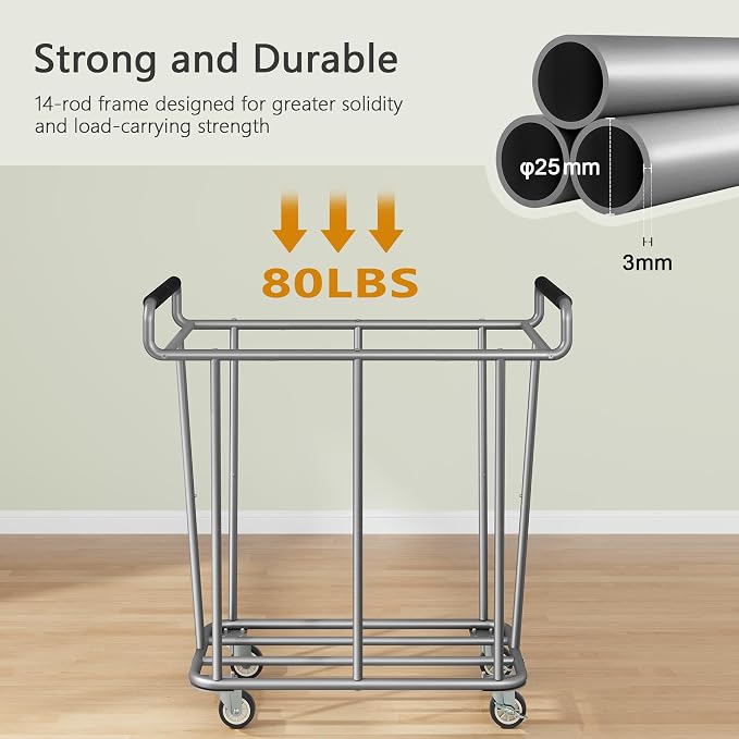 Gewudraw 360L Laundry Hamper with Wheels, Khaki, 95 Gallons | Heavy Duty Rolling Laundry Basket Commercial, Large Laundry Cart with Handle for Bathroom, Bedroom, Hotel, Steel Frame - Image 4