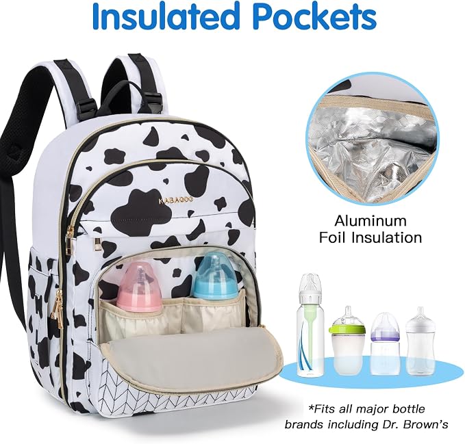 Baby Diaper Bag Backpack, Waterproof Diaper Backpack for Mom & Dad with Changing Pad, Insulated Pockets and Stroller Straps, Baby Shower Gifts for Girls & Boys, Cow - Image 3
