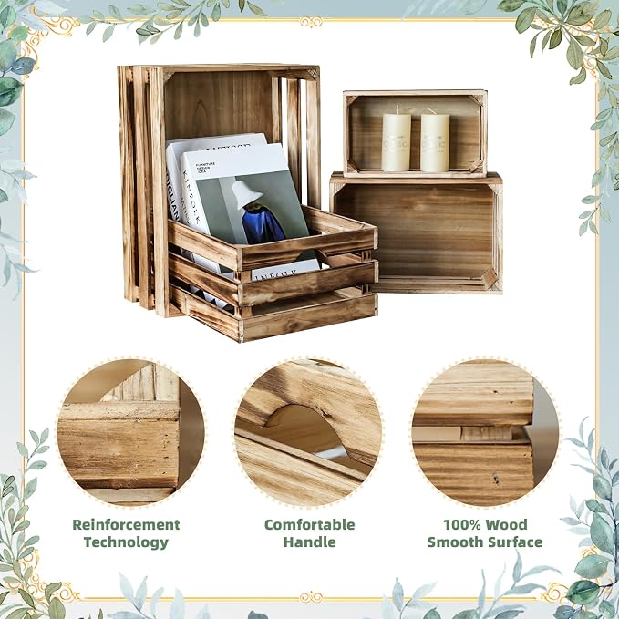 Large Wooden Crates Set of 4 Decorative Storage Box with Handles, Rustic Torched Brown Farmhouse Wooden Crates for Display, Organizer Container Baskets Box for Kitchen, Pantry, Bedroom - Image 5