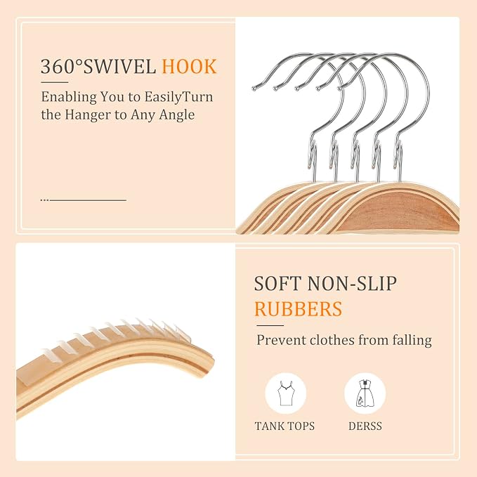 LemonRoad 30 Pack Space Saving Wooden Hangers with Vertical Stacking Hooks, Slim Natural Wood Clothes Hangers, No Shoulder Bumps, Non Slip Rubber Grips, 360° Swivel Hooks for Sweaters, Shirts - Image 4