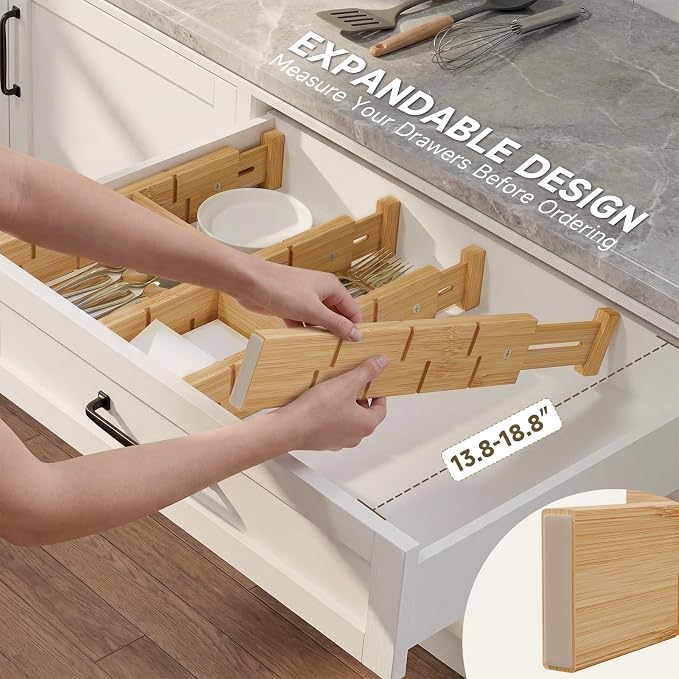 Bamboo Drawer Dividers, Expandable Kitchen Drawer Organizer | Include 6 Dividers, 6 Small Inserts and 6 Medium Inserts for Home, Office, Dressers - Image 3