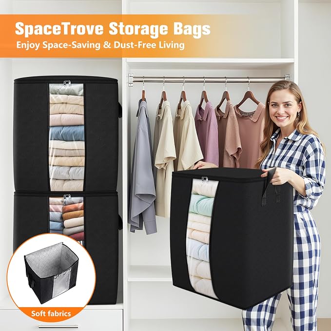 SpaceTrove Clothes Storage Bags, 8-Pack Comforter Blanket Organizers, 80L Large Capacity Containers with Visual Window for Clothing, Quilt, Sheet, Pillow, Closet Organization for Bedding (Black) - Image 6