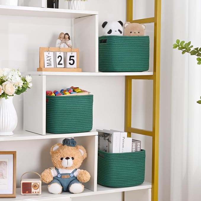 3 Pack Cube Storage Bin, 9”x9”x7” Cotton Rope Woven Baskets for Organizing Toys Clothes Towels, Square Gift Storage Baskets for Shelves, Nursery, Closet, Bathroom, Pantry (Green) - Image 3