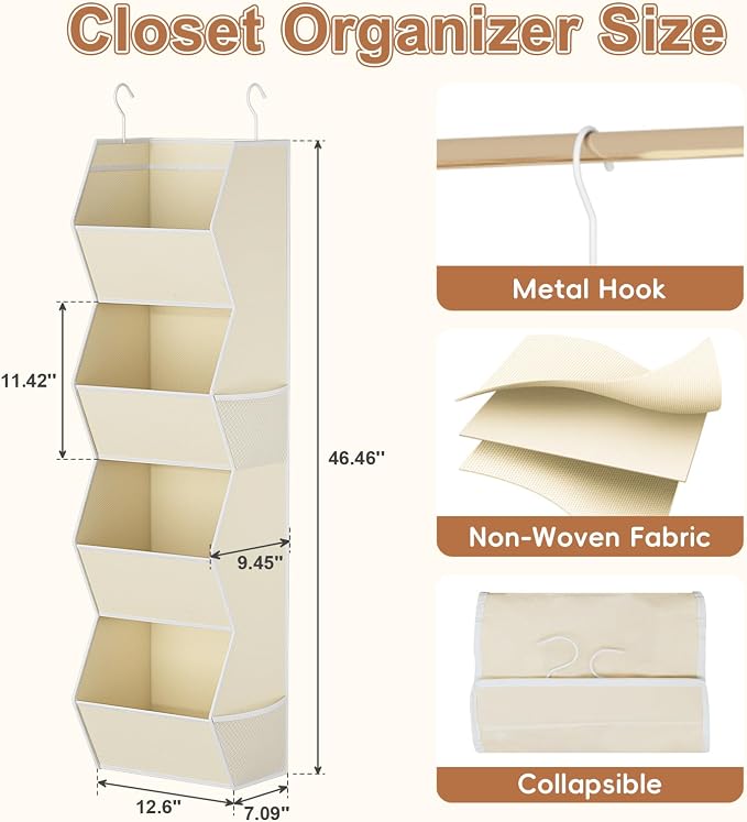 Hanging Closet Organizer 4 Shelf Collapsible Fabric Closet Organizers and Storage Hanging with Mesh Pocket for Clothes, Hanging Wardrobe Organizers and Storage for Sweater T-Shirt Shoes Toys, Beige - Image 3