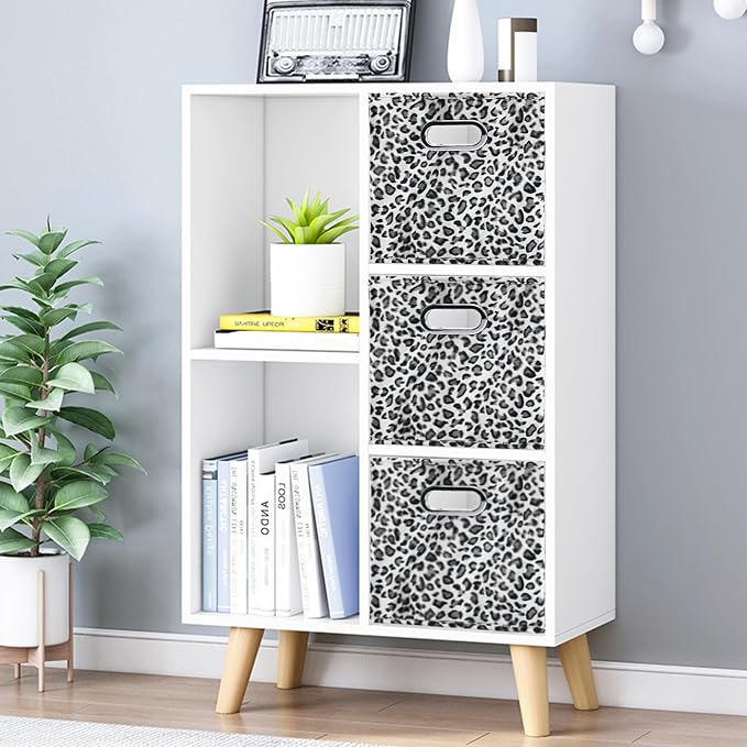 ANMINY Leopard Cheetah Print Storage Cubes Bins, Velvet, Gray, 13Inch 6PCS | Collapsible & Washable, PP Board Frame, Built-in Metal Handles, Animal Themed Fabric Cubes Baskets for Closet Shelves Decor - Image 2