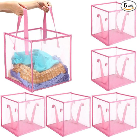 Zopeal 6 Pack Collapsible Mesh Laundry Basket, Pink, Single-layer | 13 Inch Square with Handles, Portable Foldable Hamper, Mesh See-through, Space Saving for Dorm Bedroom Laundry Room by Zopeal