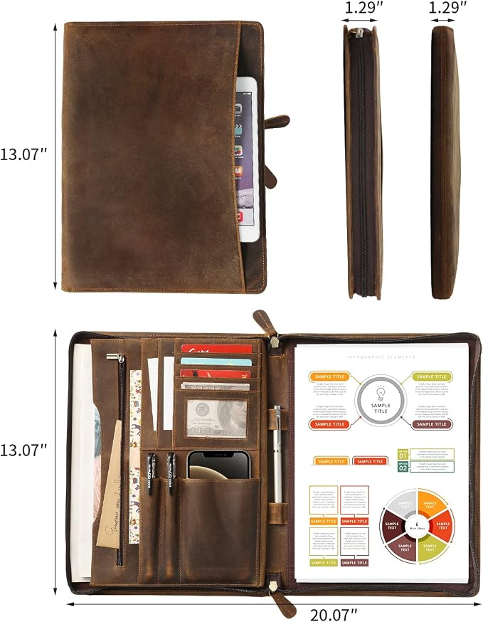Ringsun Genuine Leather Portfolio with Zipper, Business Organizer for A4/Pad/Phone, Brown, RS63 - Image 2